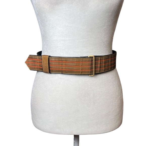 VTG 1970s Leather Striped Canvas Statement Belt Sz 33 Retro Mod Unisex Boho Med - Picture 1 of 10